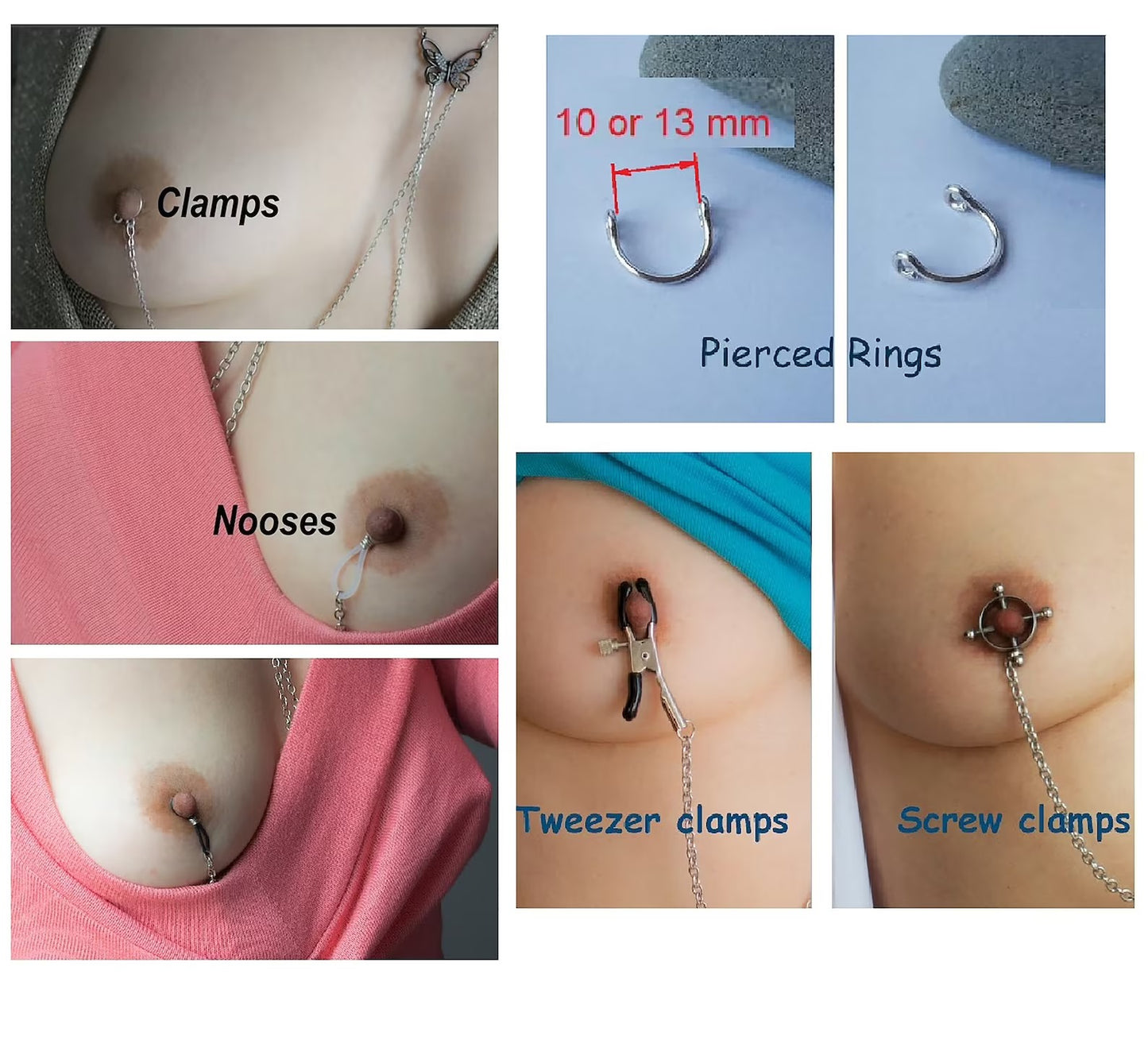 Gold O-ring Necklace to Nipple, Non-piercing nipples jewelry, Stainless steel clamp nipple chain