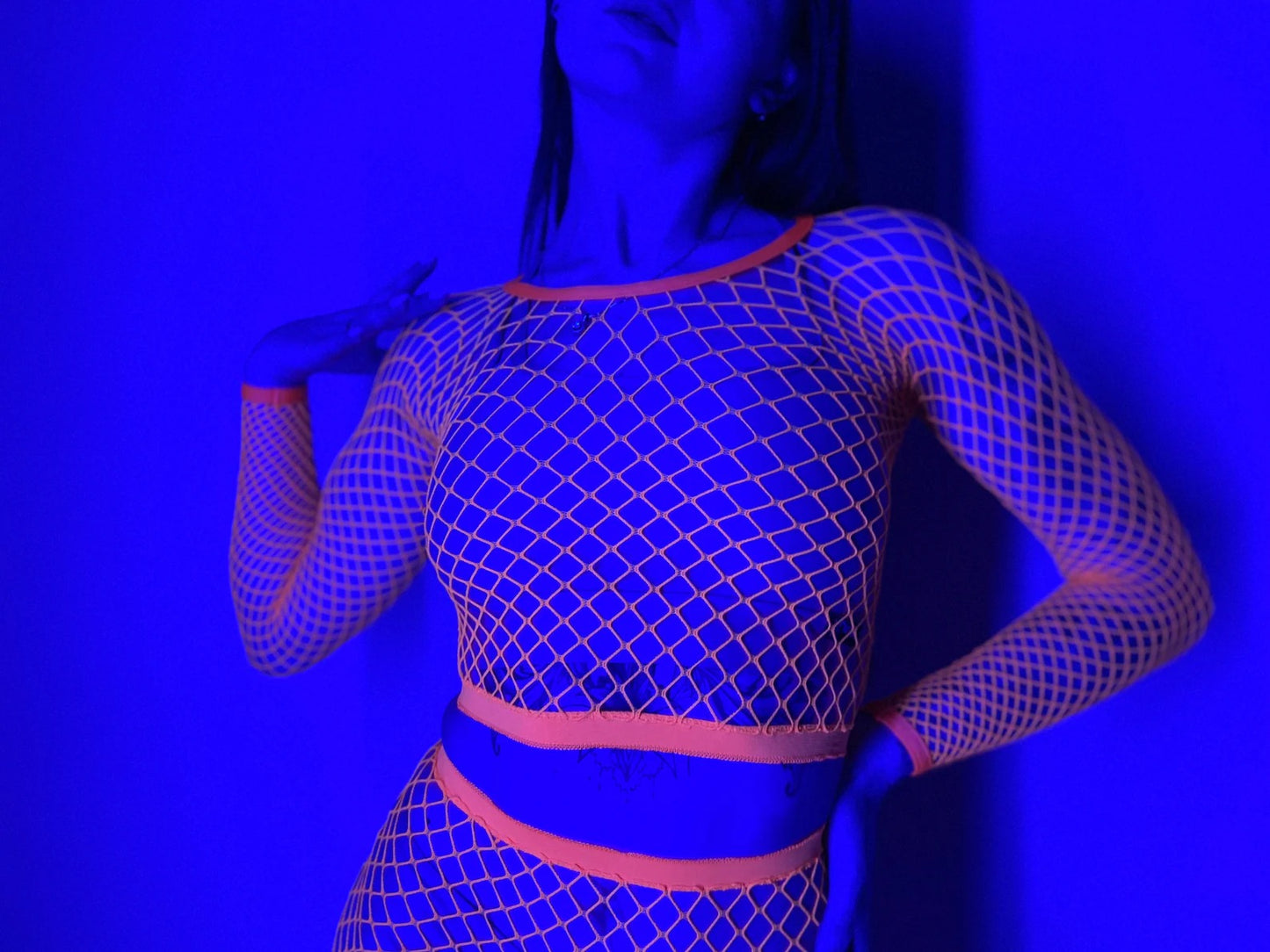 Neon acid fishnet top and tights Orange UV reactive disco party Fishnet stockings fishnet panty rave bodysuitoutfits